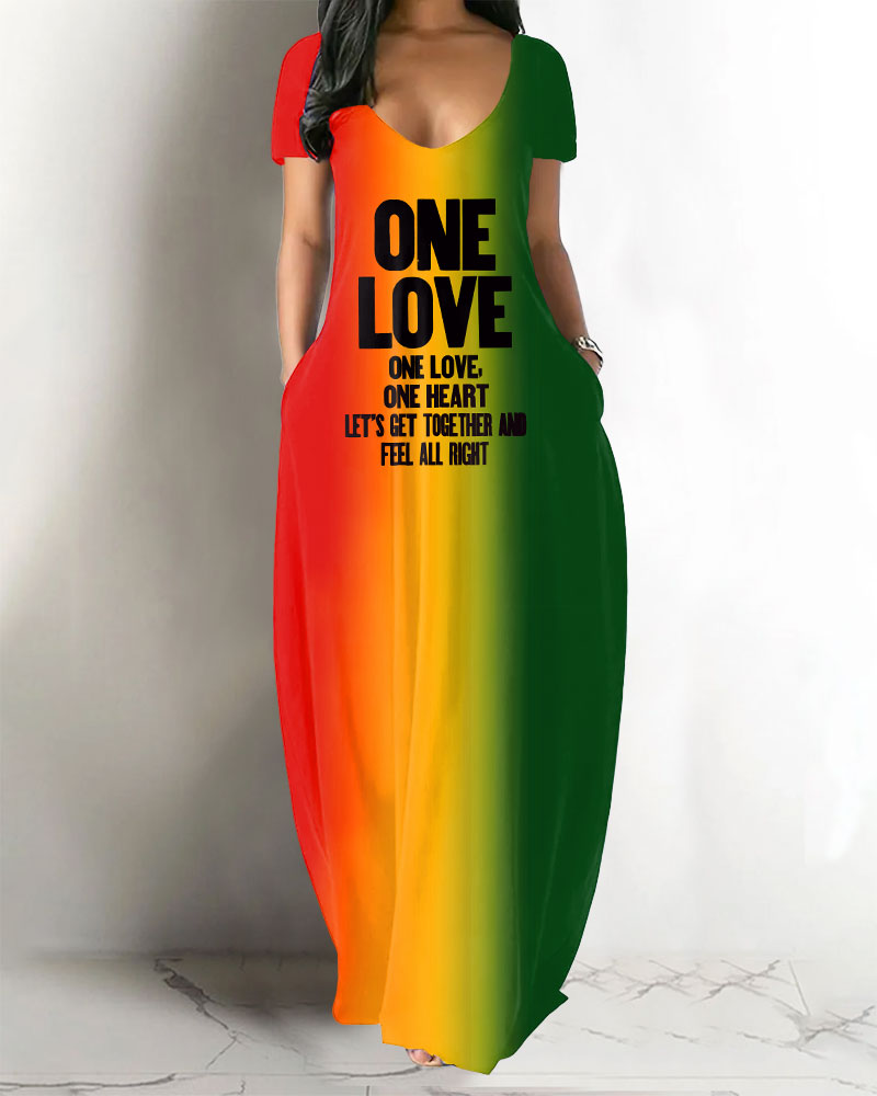 V-neck Color One Love Pocket Short Sleeved Maxi Dress