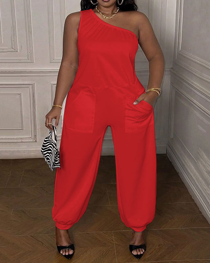 Sleeveless Pockets Solid Color One-Shoulder Jumpsuits