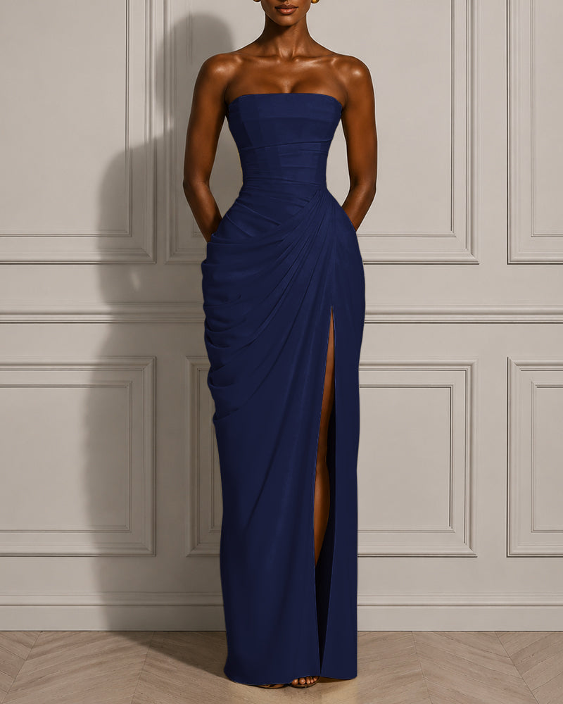 Back Lace-up Asymmetrical Pleats Strapless Slit Maxi Dress