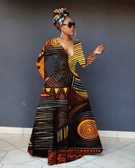 V-neck African Culture Canvas Art Long-Sleeved Maxi Dress