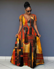 V Neck African Oil Painting Woman Short Sleeve Maxi Dress