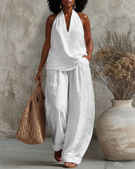 V-neck Cotton Linen Vest and Wide-leg Pants Two-piece Set