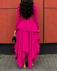 Elegant Long Sleeve Round Neck Layered Irregular Hem Maxi Dress