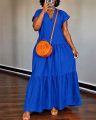 Solid Color V-neck Short-sleeved Dress with Ruffled Hem