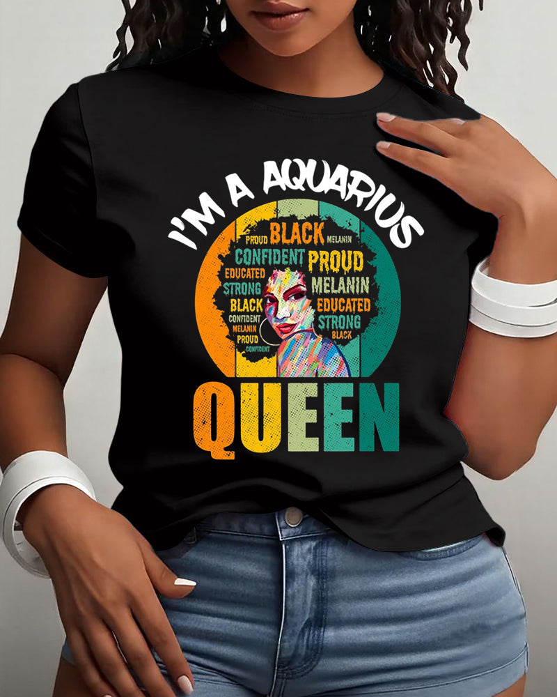 Aquarius Afro Girl Queen Traits Astrological Zodiac Sign Print Cotton Short Sleeve T-Shirt