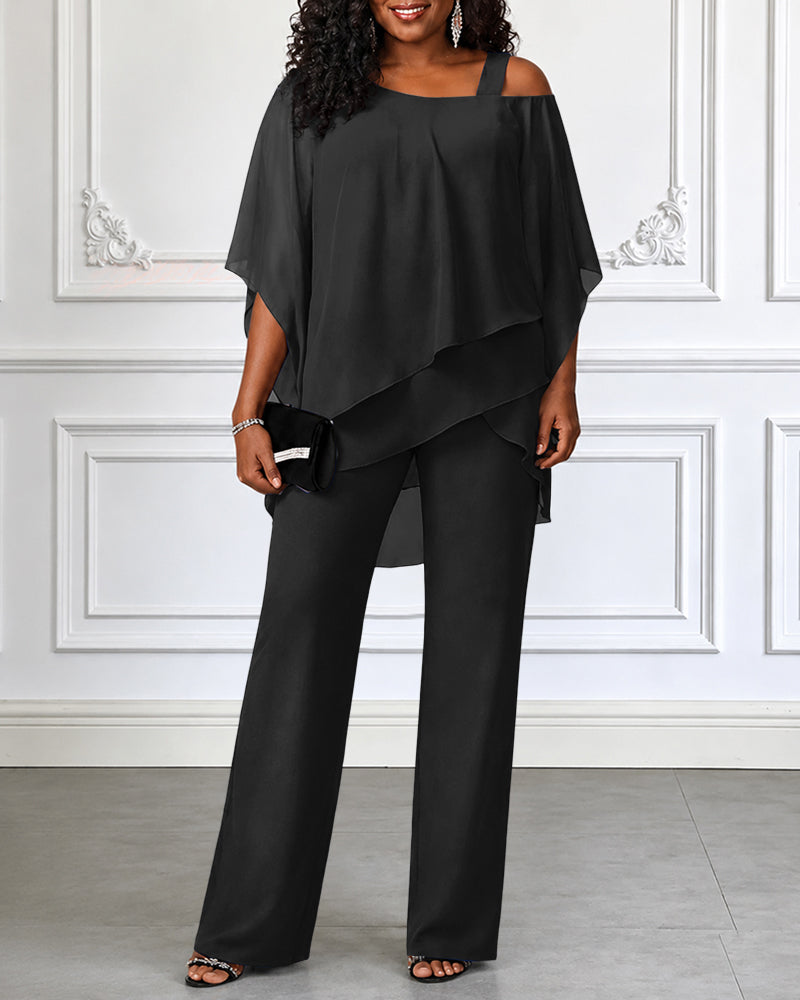 Asymmetric Off-Shoulder Chiffon Top & Trouser Set