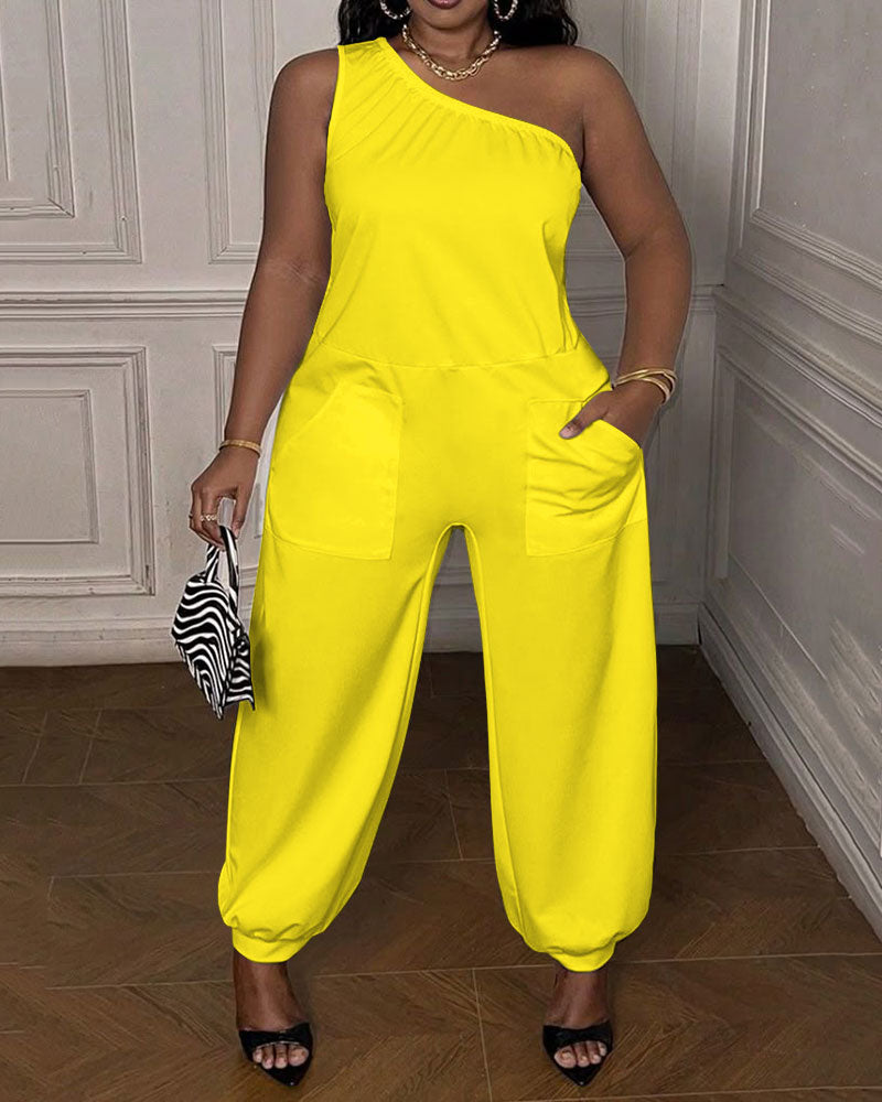 Sleeveless Pockets Solid Color One-Shoulder Jumpsuits