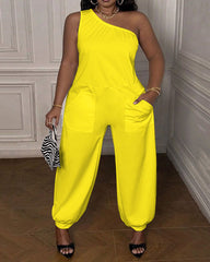 Sleeveless Pockets Solid Color One-Shoulder Jumpsuits