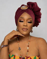 Crystal Flower Button Lace Trim Turban Head Wrap