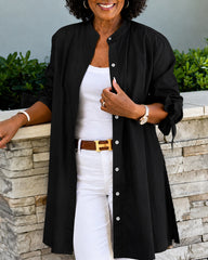 Solid Color Cotton Linen Collared Long Shirt
