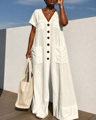 Loose Short Sleeves Buttoned Pockets Solid Color V-Neck Jumpsuits