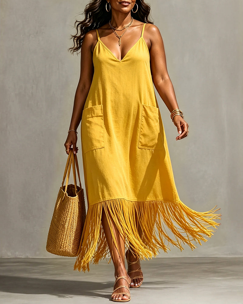 V-Neck Cami Dress with Pockets and Fringe Hem