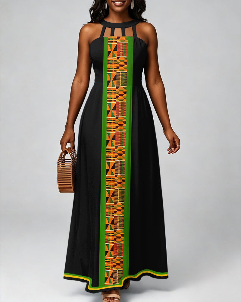 Ankara Geometric Stripes Hollow-out Halter Neckline Bodycon Maxi Dress