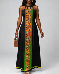 Ankara Geometric Stripes Hollow-out Halter Neckline Bodycon Maxi Dress