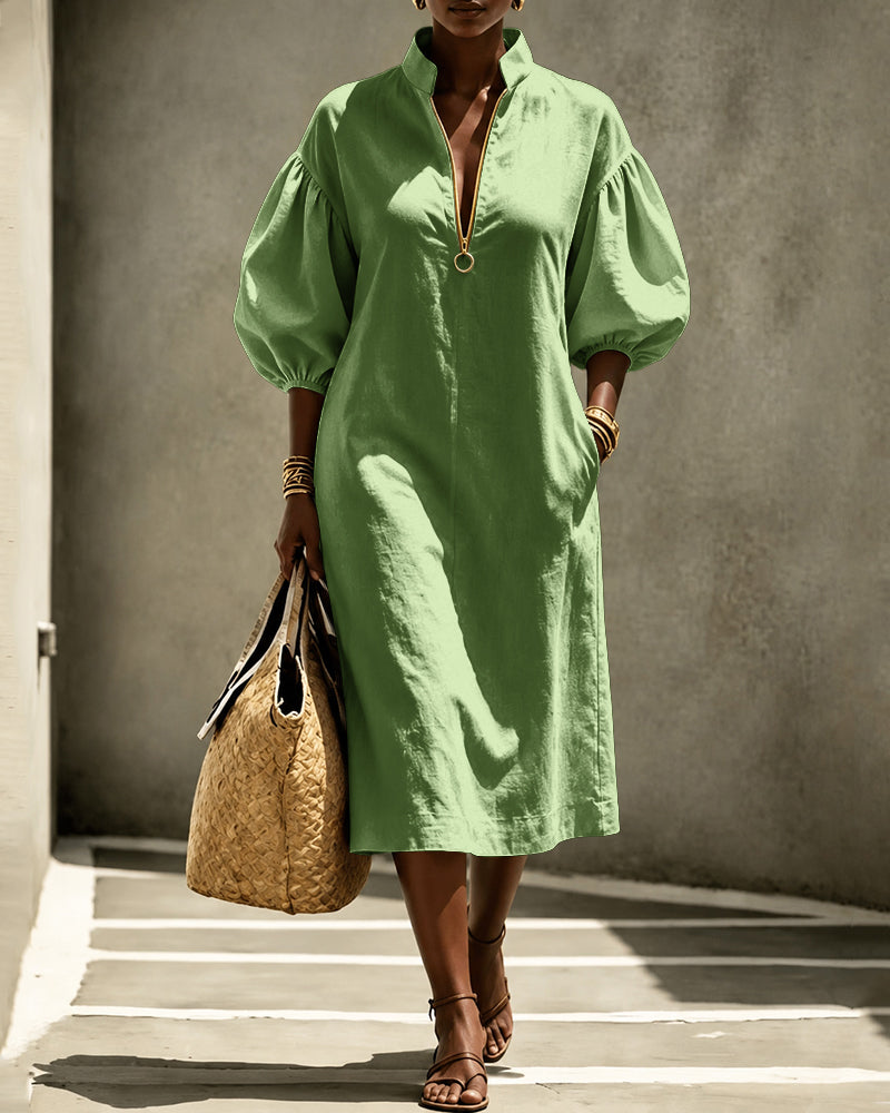 Stand-up Collar Puff Sleeve Zipper Casual Dress