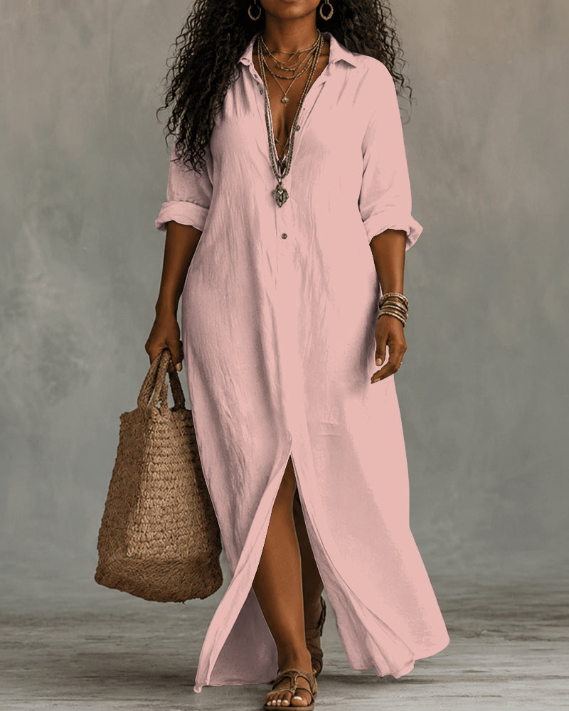 Lapel V-neck Button Down Casual Long Dress