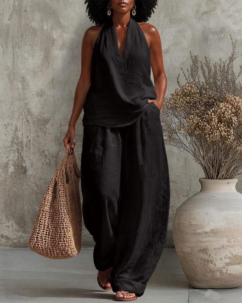 V-neck Cotton Linen Vest and Wide-leg Pants Two-piece Set