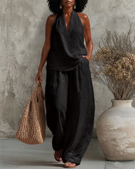 V-neck Cotton Linen Vest and Wide-leg Pants Two-piece Set