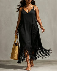 V-Neck Cami Dress with Pockets and Fringe Hem