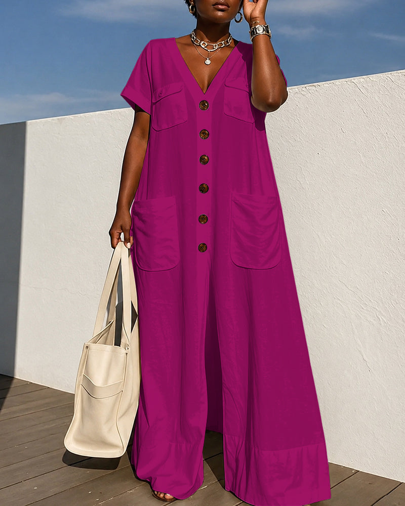 Loose Short Sleeves Buttoned Pockets Solid Color V-Neck Jumpsuits