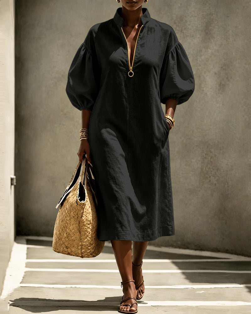 Stand-up Collar Puff Sleeve Zipper Casual Dress