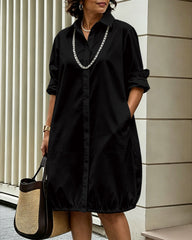 Solid Color Long Sleeves Loose Buttoned Pockets Lapel Midi Dresses