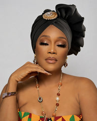 Crystal Flower Button Lace Trim Turban Head Wrap