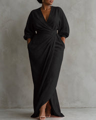 Linen Blend Loose V-neck Pleated Waist Casual Pocket Maxi Dress