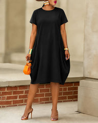 Solid Color Crew Neck Side Pockets & 3/4 Sleeves Midi Dress