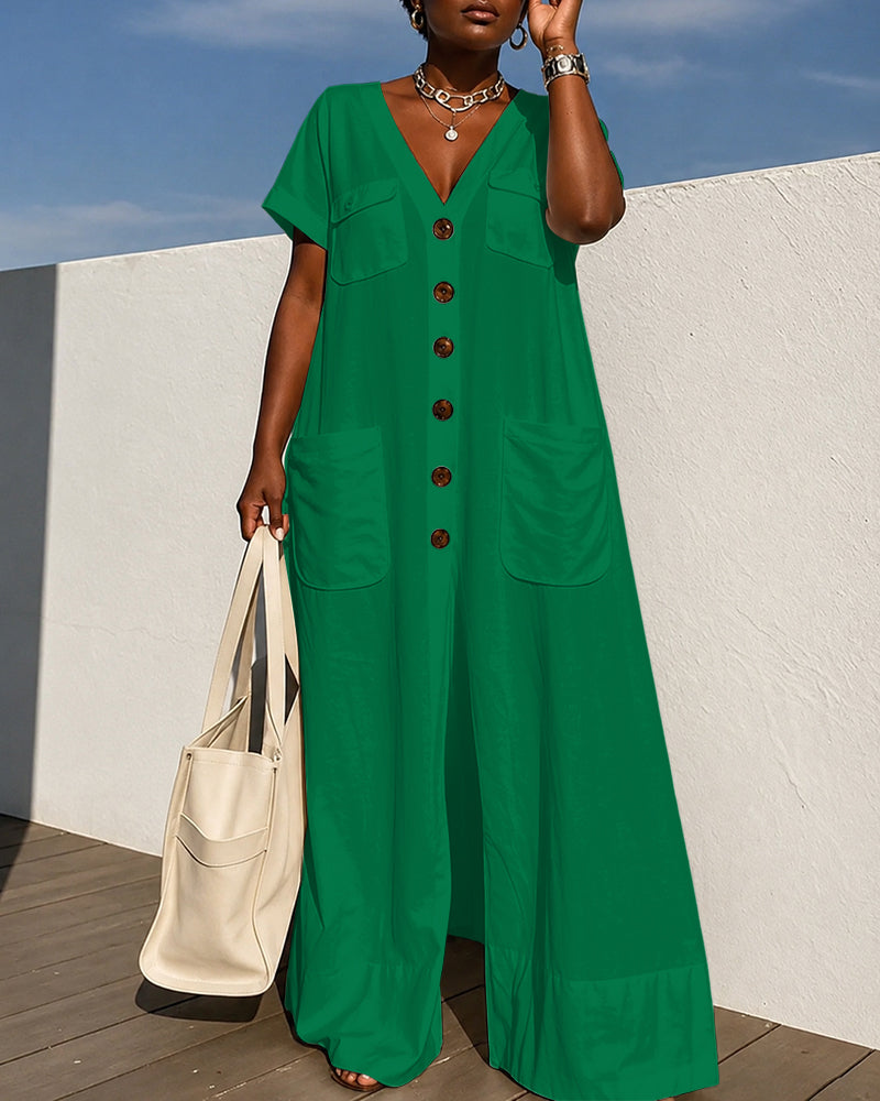 Loose Short Sleeves Buttoned Pockets Solid Color V-Neck Jumpsuits