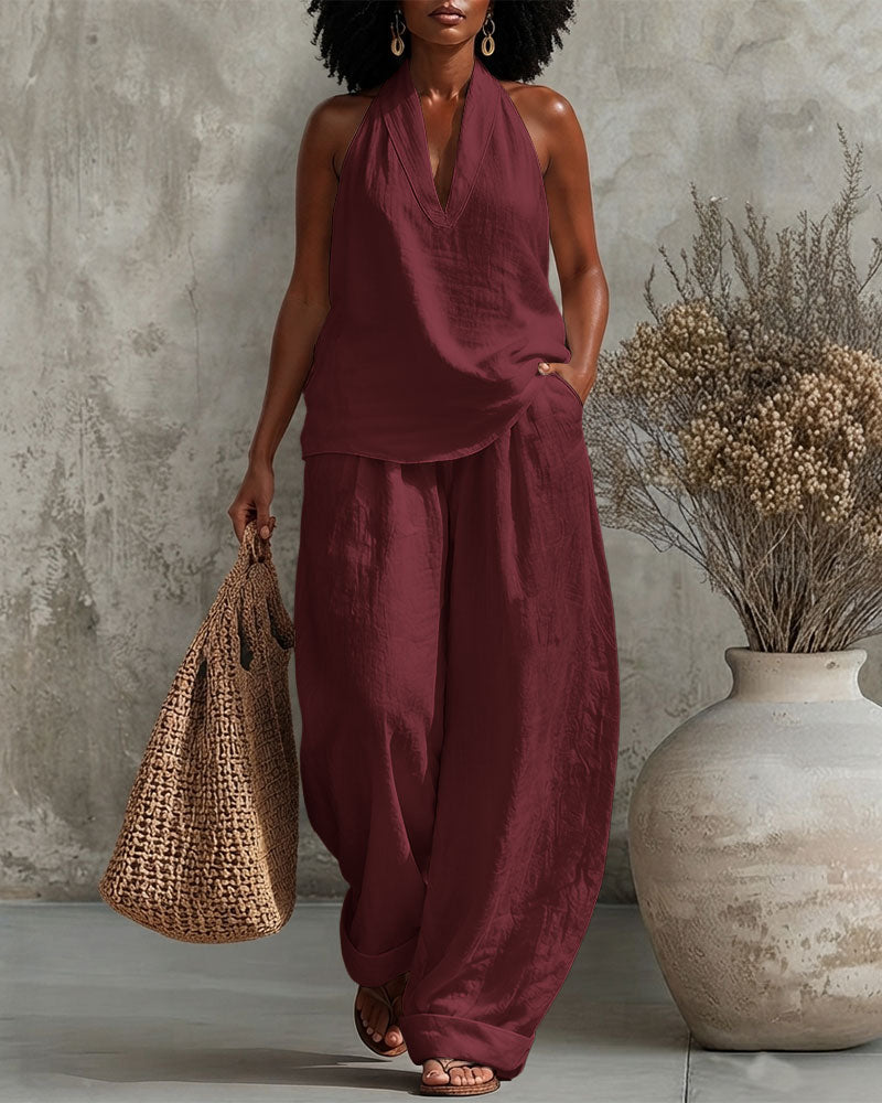 V-neck Cotton Linen Vest and Wide-leg Pants Two-piece Set
