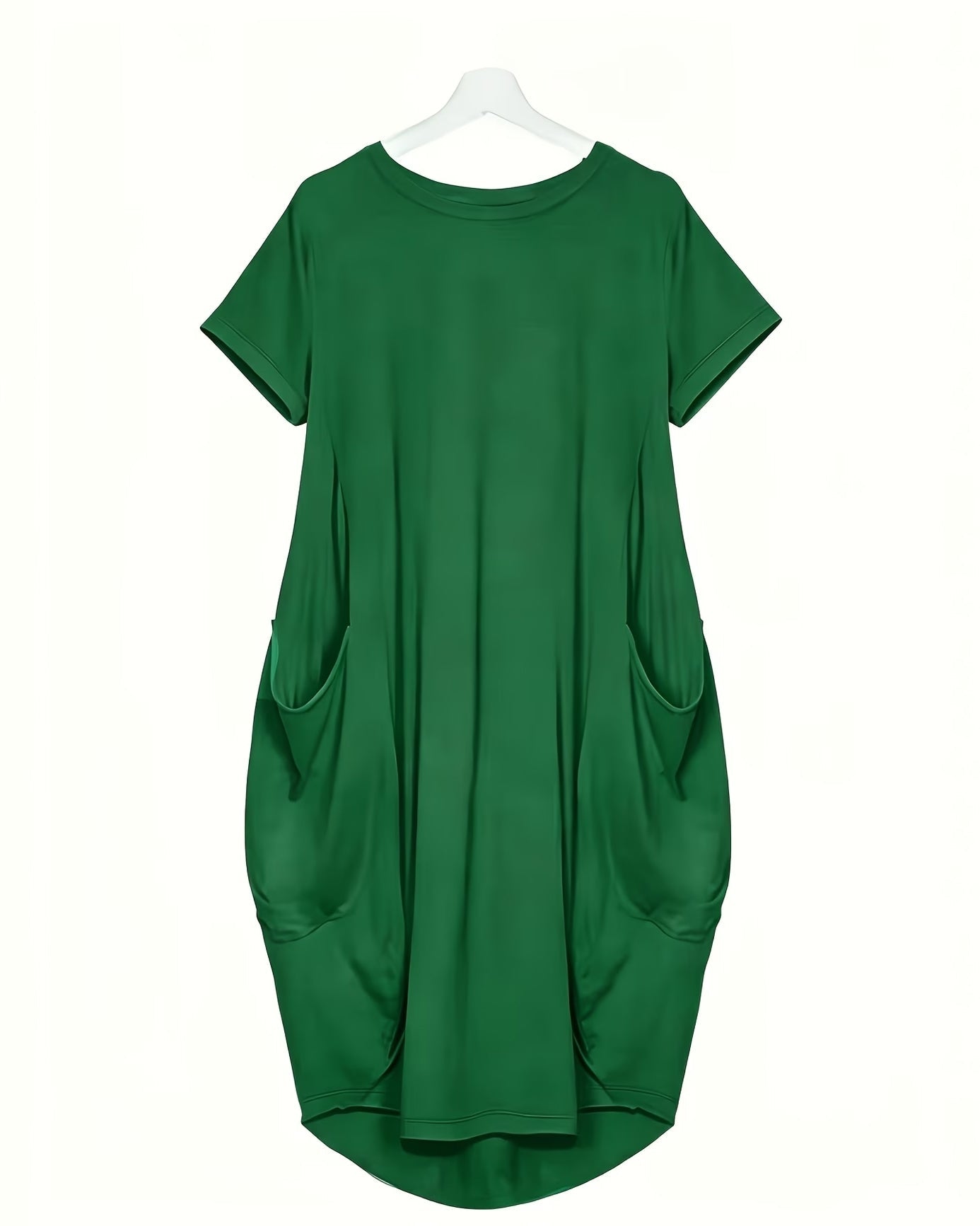 Solid Color Crew Neck Side Pockets & 3/4 Sleeves Midi Dress
