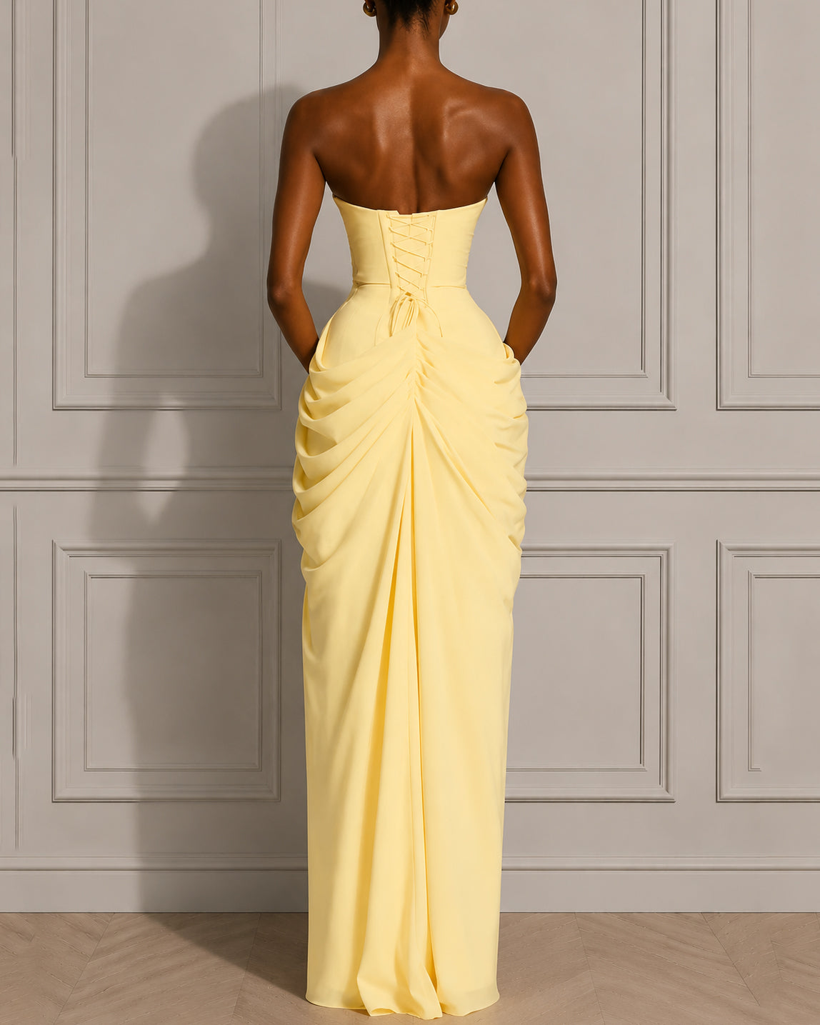 Back Lace-up Asymmetrical Pleats Strapless Slit Maxi Dress
