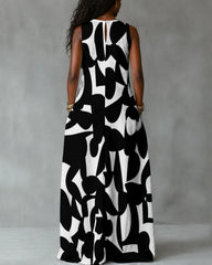 Round Neck Geometric Print Sleeveless Maxi Dress