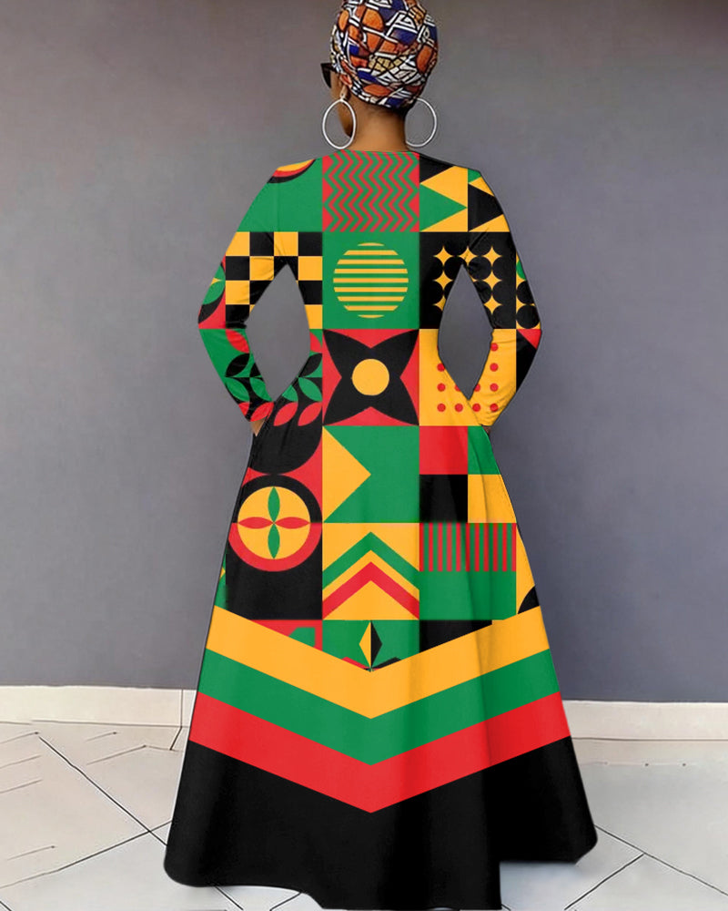 V-Neck Stripes Geometric Long-Sleeved Maxi Dress
