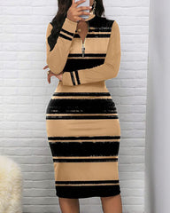 Ink Black Stripes Zipper Stand Collar Long Sleeve Bodycon Dress