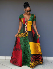 V Neck Reggae Color Blocking African Print Short Sleeve Pocket Maxi Dress