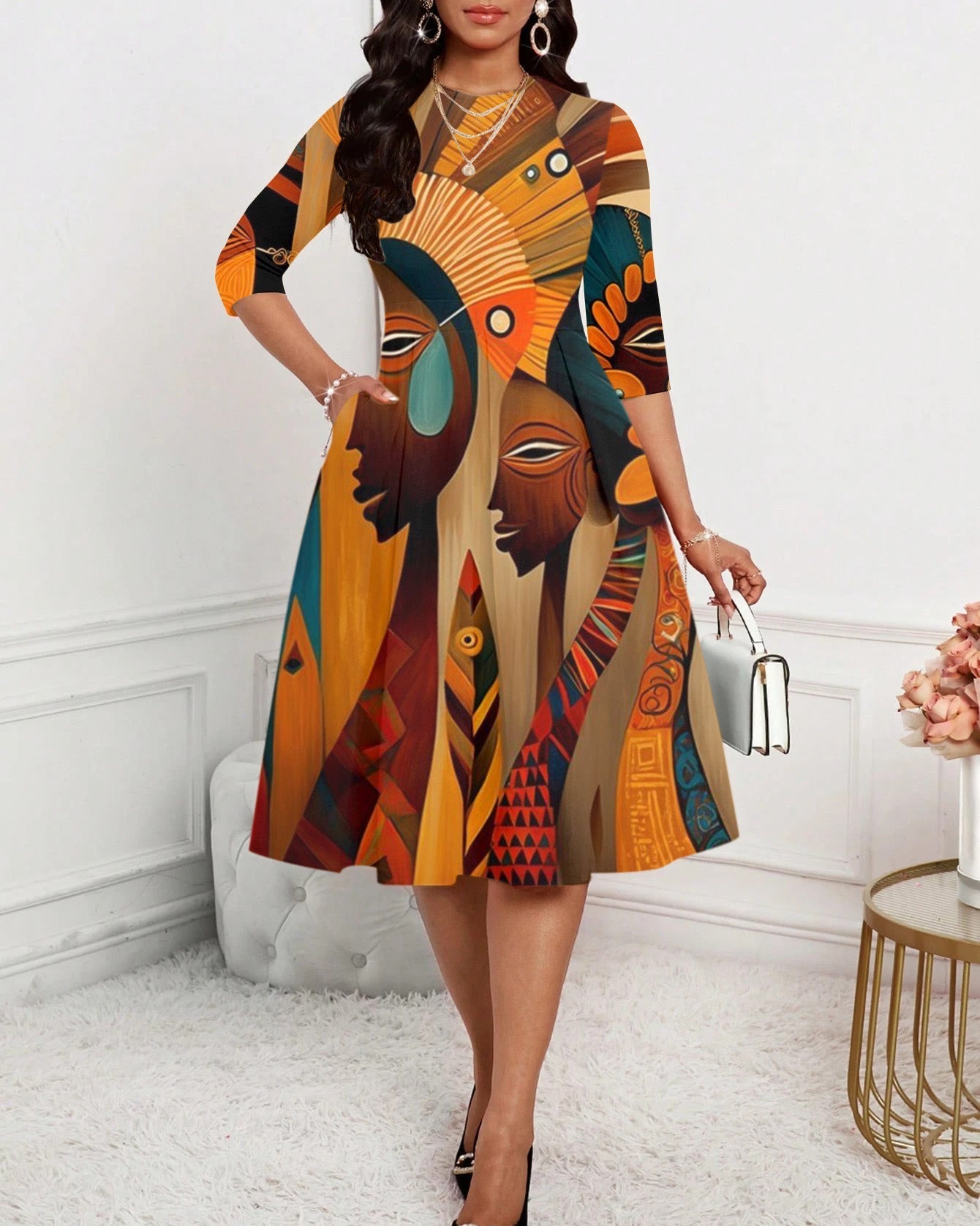 Abstract Human Oil Paintings Round Neck Long Sleeves Midi Dress