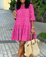 Stand Collar Small White Flowers Mini Shirt Dress