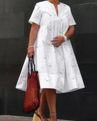 White Floral V-neck Short-sleeved Loose Midi Dress