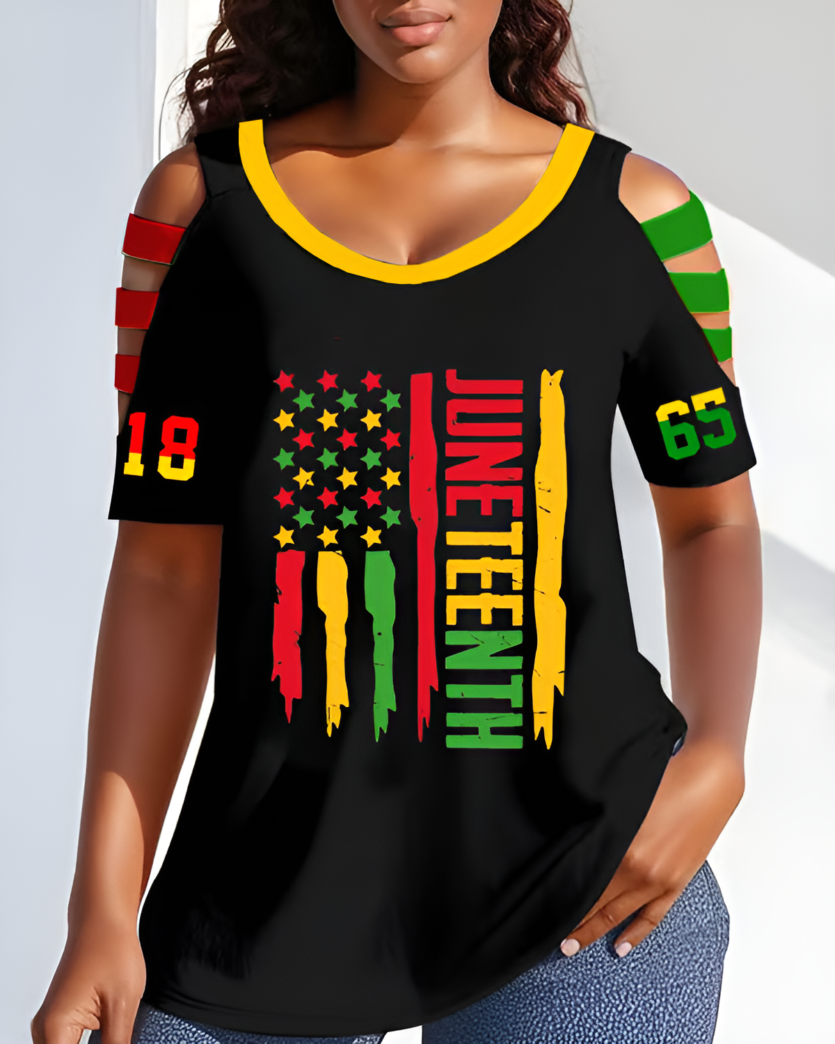 1865 Juneteenth Reggae Flag Round Neck Hollowed-out Short Sleeve Top