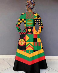 V-Neck Stripes Geometric Long-Sleeved Maxi Dress
