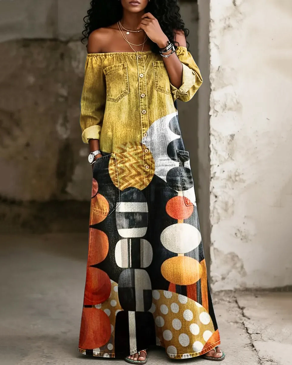 Strapless Off-shoulder Geometric Print Dress