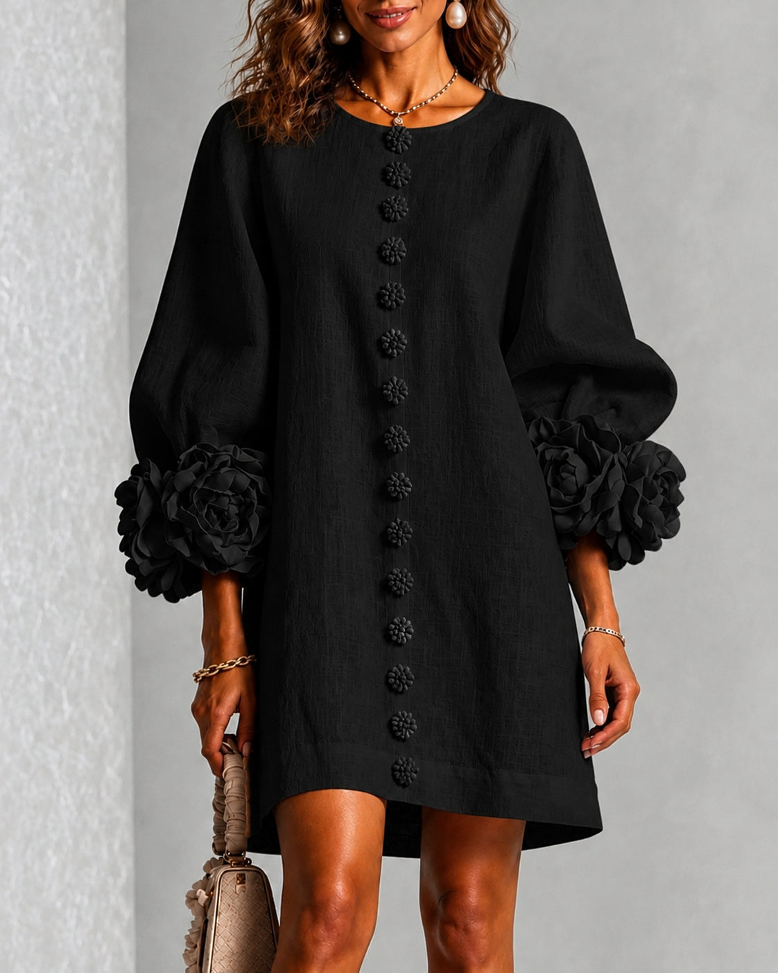 Linen Blend Flowers Button Down Floral Cuffs Half Sleeve Mini Dress