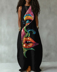 Striped Face Art Print Sleeveless Maxi Dress