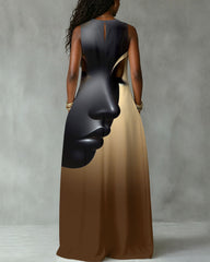 Black Women's Face Art Print Sleeveless Maxi Dress