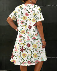 Casual Floral Print V-neck Short-sleeved Loose Midi Dress