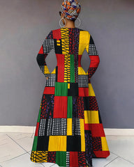 V-Neck Reggae Color Blocking Geometric Texture Pocket Long-Sleeved Maxi Dress
