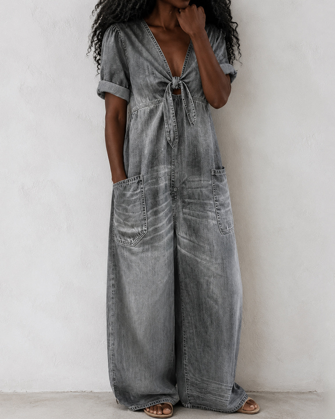 V-neck Bow-tie Denim Loose Wide-leg Jumpsuit