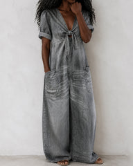 V-neck Bow-tie Denim Loose Wide-leg Jumpsuit
